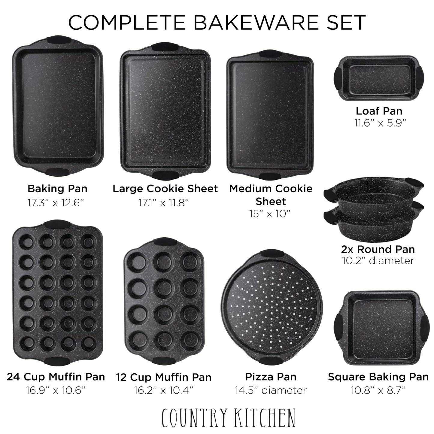 Country Kitchen 10-Piece Nonstick Stackable Bakeware Set - PFOA, PFOS, PTFE Free Baking Tray Set w/Non-Stick Coating, 450°F Oven Safe, Round Cake, Loaf, Muffin, Wide/Square Pans, Cookie Sheet - CookCave