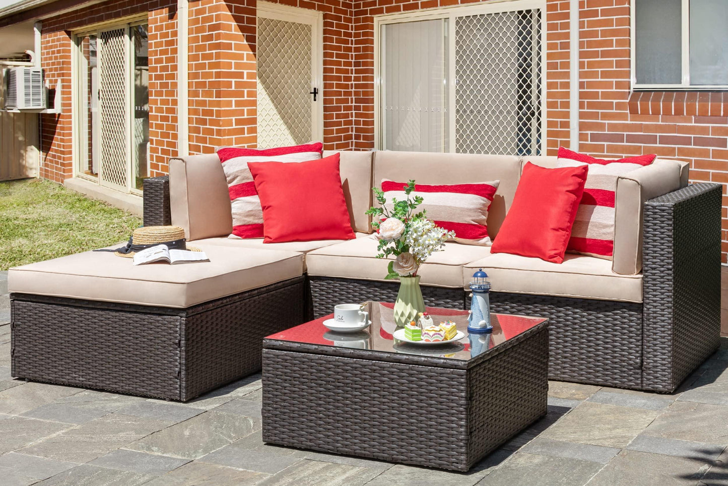 Vongrasig 5 Piece Patio Furniture Sets, All-Weather Brown PE Wicker Outdoor Couch Sectional Set, Small Conversation Set for Garden/Patio w/Ottoman, Glass Table, Red Pillow, Beige - CookCave