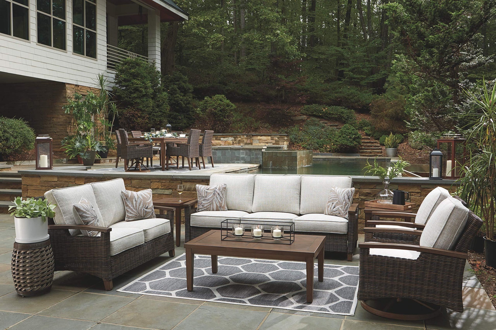 Signature Design by Ashley Paradise Trail Outdoor Patio Sofa with Cushion and 2 Pillows, Brown & Beige - CookCave