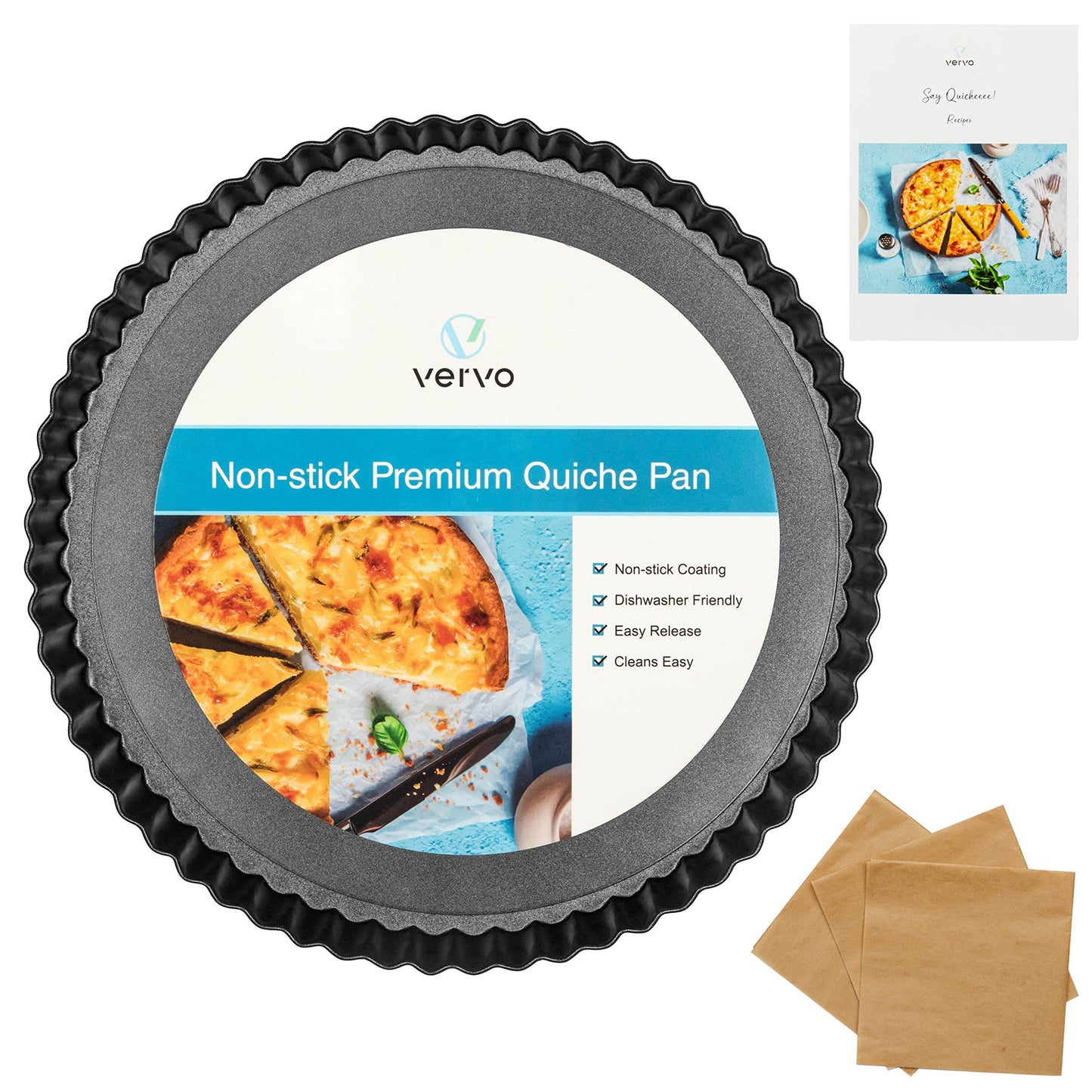 Vervo 9 Inch Round Tart Pan Non-Stick Removable Loose Bottom Carbon Steel Quiche Pan for Baking, Top Diameter 9.5 Inches, Bottom Diameter 9 inches, Black - CookCave