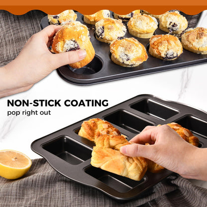 HONGBAKE Nonstick Muffin Pan 12 Cup and Mini Loaf Pans 8 Cavity, Cupcake Tin for Baking and Small Banana Bread Tray - Grey - CookCave