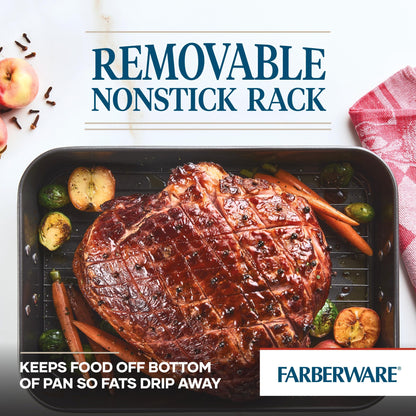 Farberware Bakeware Nonstick Steel Roaster with Flat Rack, 11-Inch x 15-Inch, Gray - CookCave