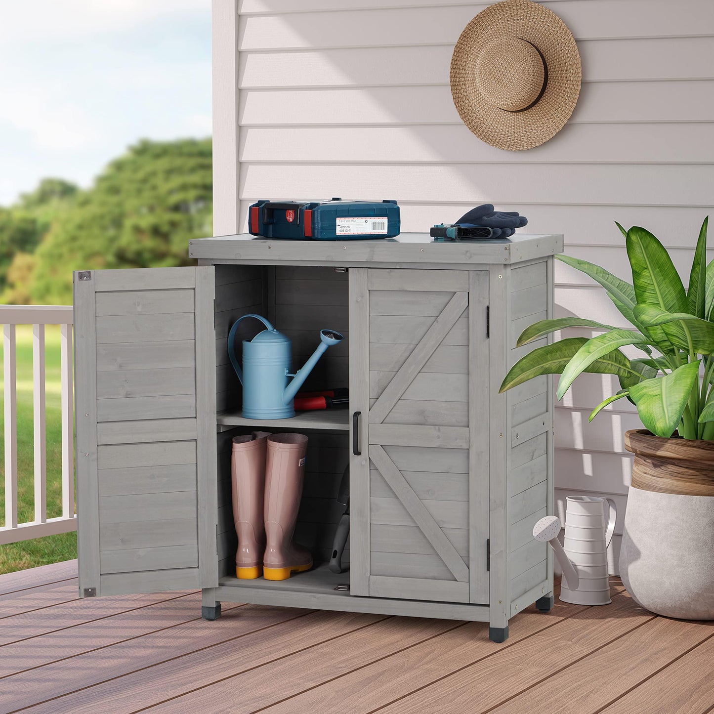 Outdoor Storage Cabinet & Potting Bench Table with Metal Top, Wooden Patio Furniture, Garden Workstation - CookCave