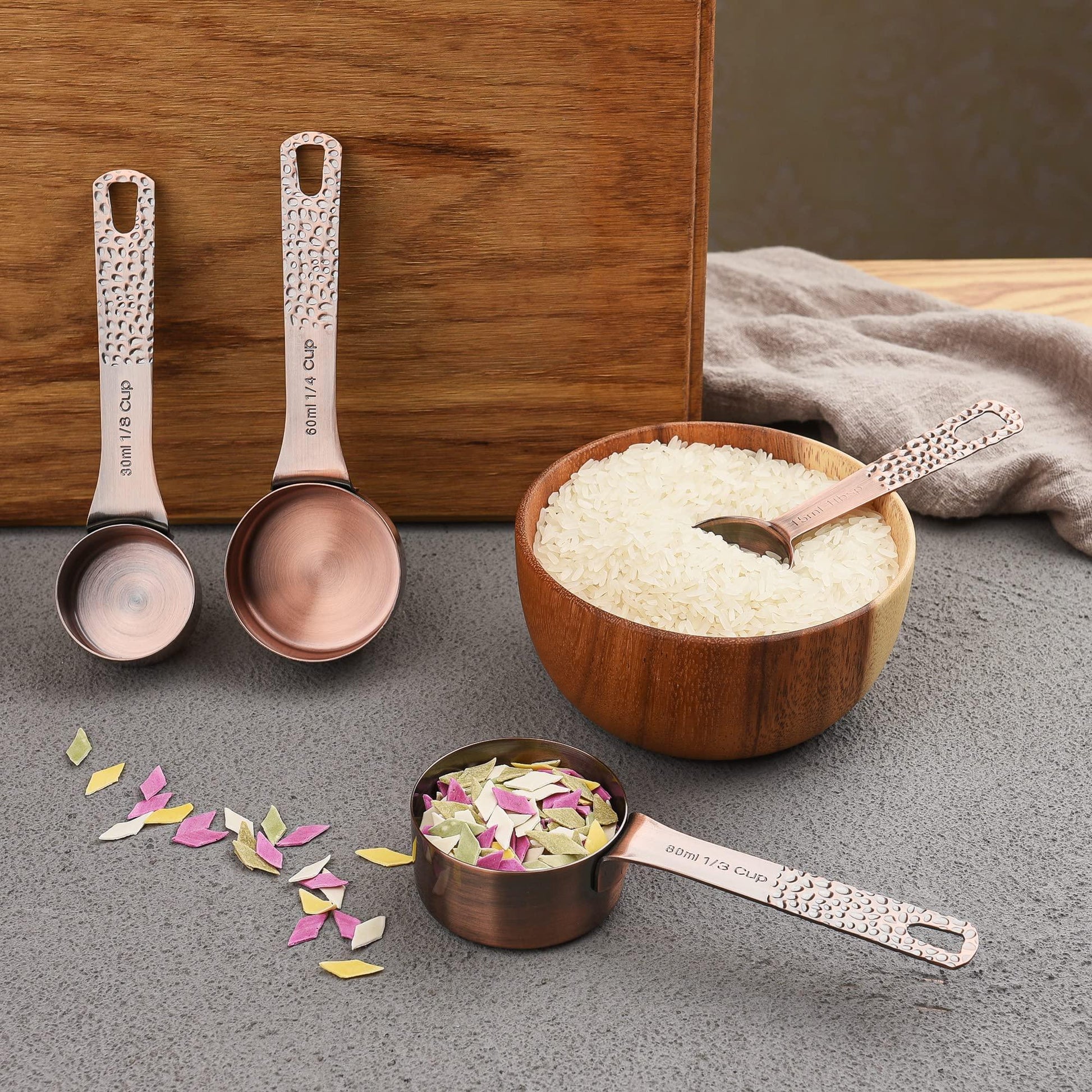 Measuring Cups and Spoons, Copper Measuring Cups and Spoons set, Stainless Steel Copper Plated 14 Piece Set of 5 Copper Measuring Cups and 6 Copper Measuring Spoons,1Leveler and 2Rings, Kitchen Tool - CookCave