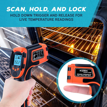 KIZEN Infrared Thermometer Gun (LaserPro LP300) - Handheld Heat Temperature Gun for Cooking, Pizza Oven, Grill & Engine - Laser Surface Temp Reader -58F to 1112F - NOT for Humans, digital - CookCave
