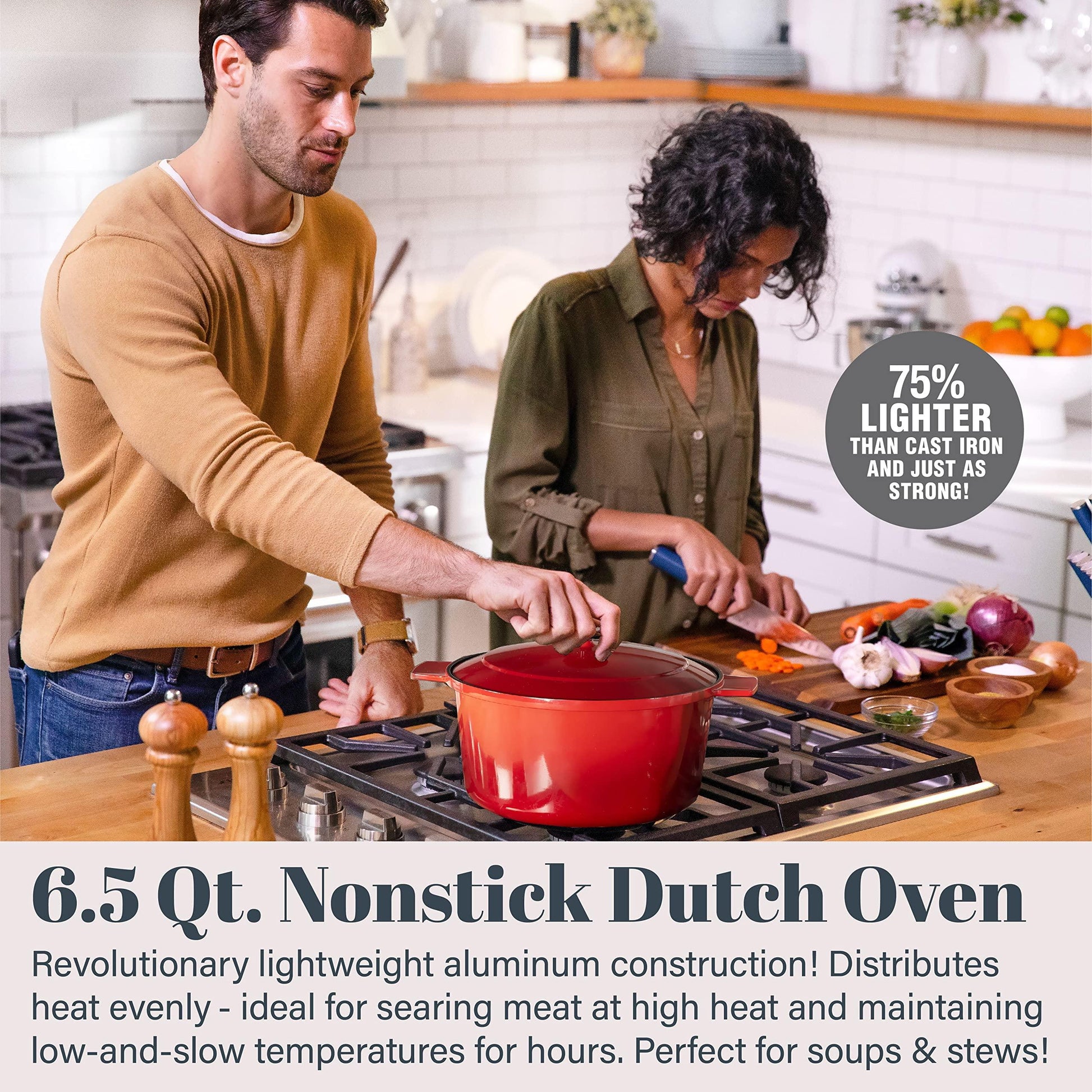 Granitestone Lightweight 6.5 Qt Dutch Oven Pot with Lid, Nonstick Dutch Oven Set, 10 in 1 Enamel Stock Pot/Cooking Pot & Dutch Oven for Sourdough Bread Baking, Dutch Ovens, Oven/Dishwasher Safe - Red - CookCave