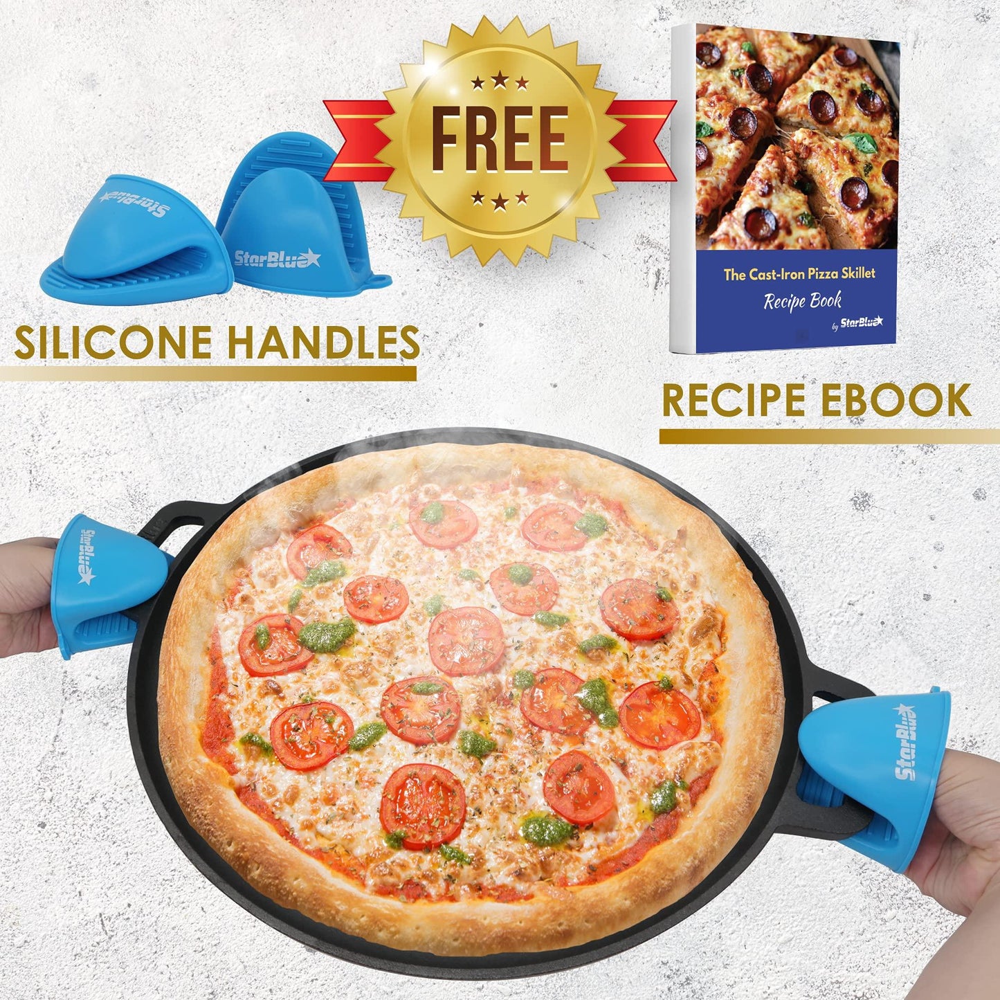 StarBlue 16 Inch Cast Iron Pizza Pan Round Griddle with FREE Silicone Handles and 30 Recipes Ebook– Pre-Seasoned Comal, Kitchen Essentials for Lovers, Baking, Grill, BBQ, Stove Oven Safe - CookCave