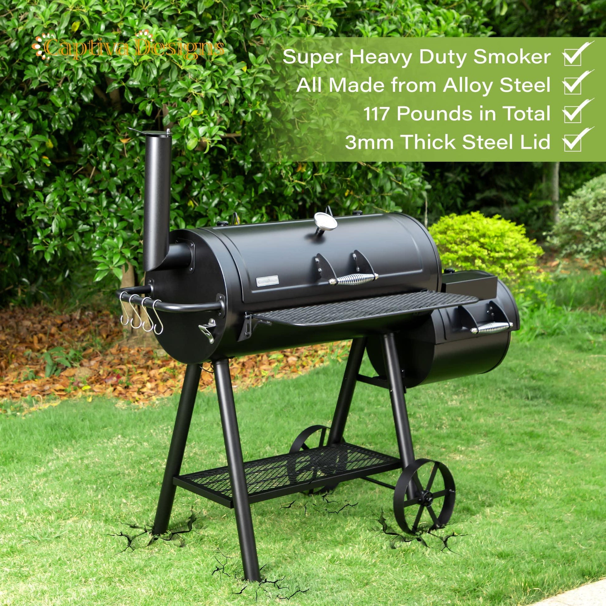 Captiva Designs Heavy Duty Outdoor Smoker,Extra Large Cooking Area(941 sq.in. in Total) Offset Smoker, Best Charcoal Smoker and Grill Combo for Outdoor Garden Patio and Backyard Cooking - CookCave