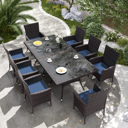 Delnavik 10-Piece Patio Outdoor Dining Set, Wicker Patio Furniture Set of 8 Rattan Chairs with Soft Cushions and Two Square Table with Umbrella Cutout, Navy Blue - CookCave