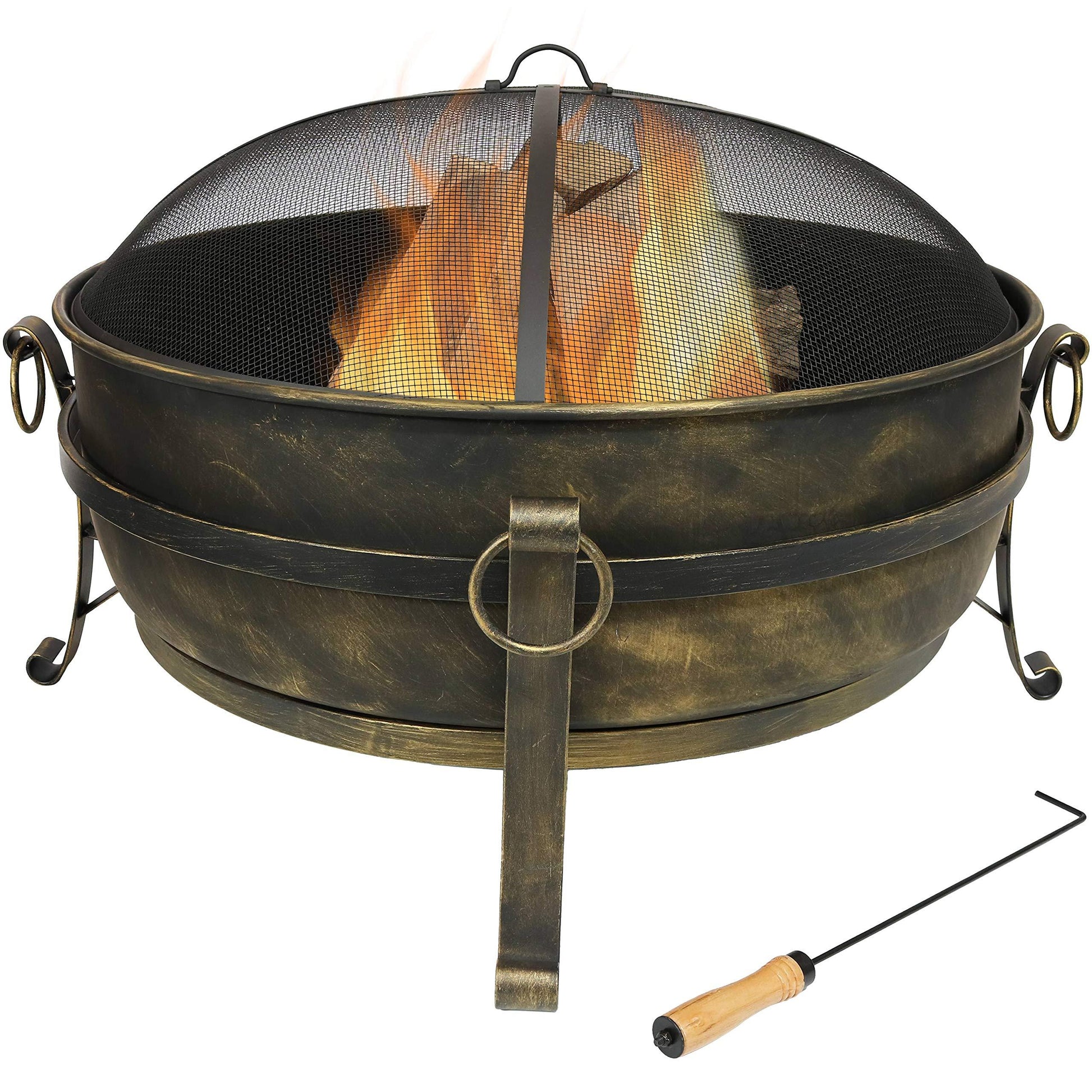 Sunnydaze 34-Inch Cauldron Style Outdoor Fire Pit Bowl with Spark Screen, Log Poker, and Wood Grate - Dark Bronze Finish - CookCave