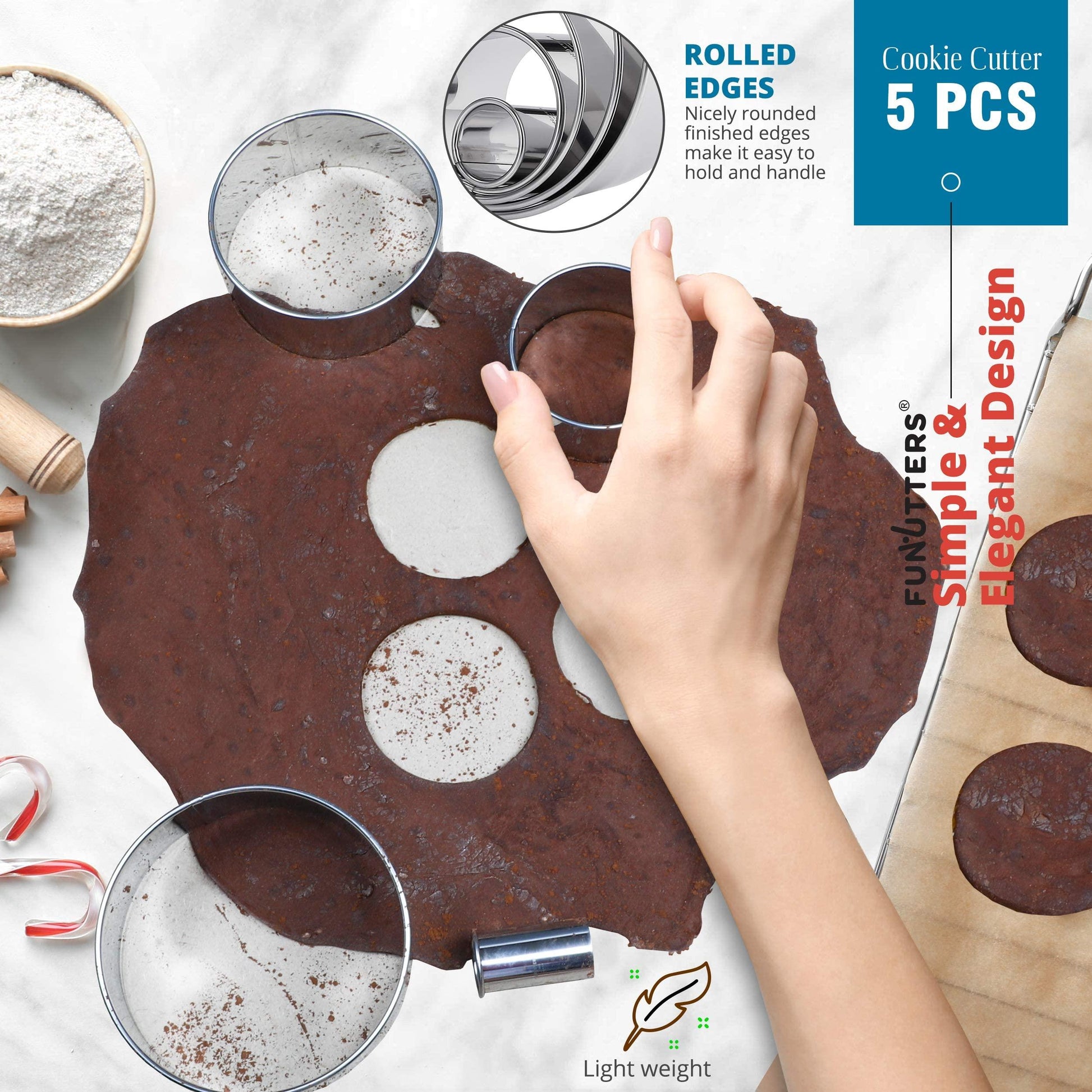 Cookie Cutter Set, 5 Pc. Kit, Measuring 1'', 2'', 3'', 4'' and 5'', Round Metal Baking Rings for Pastry, Biscuits, and Dough Cutting, Heavy Duty and Reusable, Multiple Sizes - CookCave