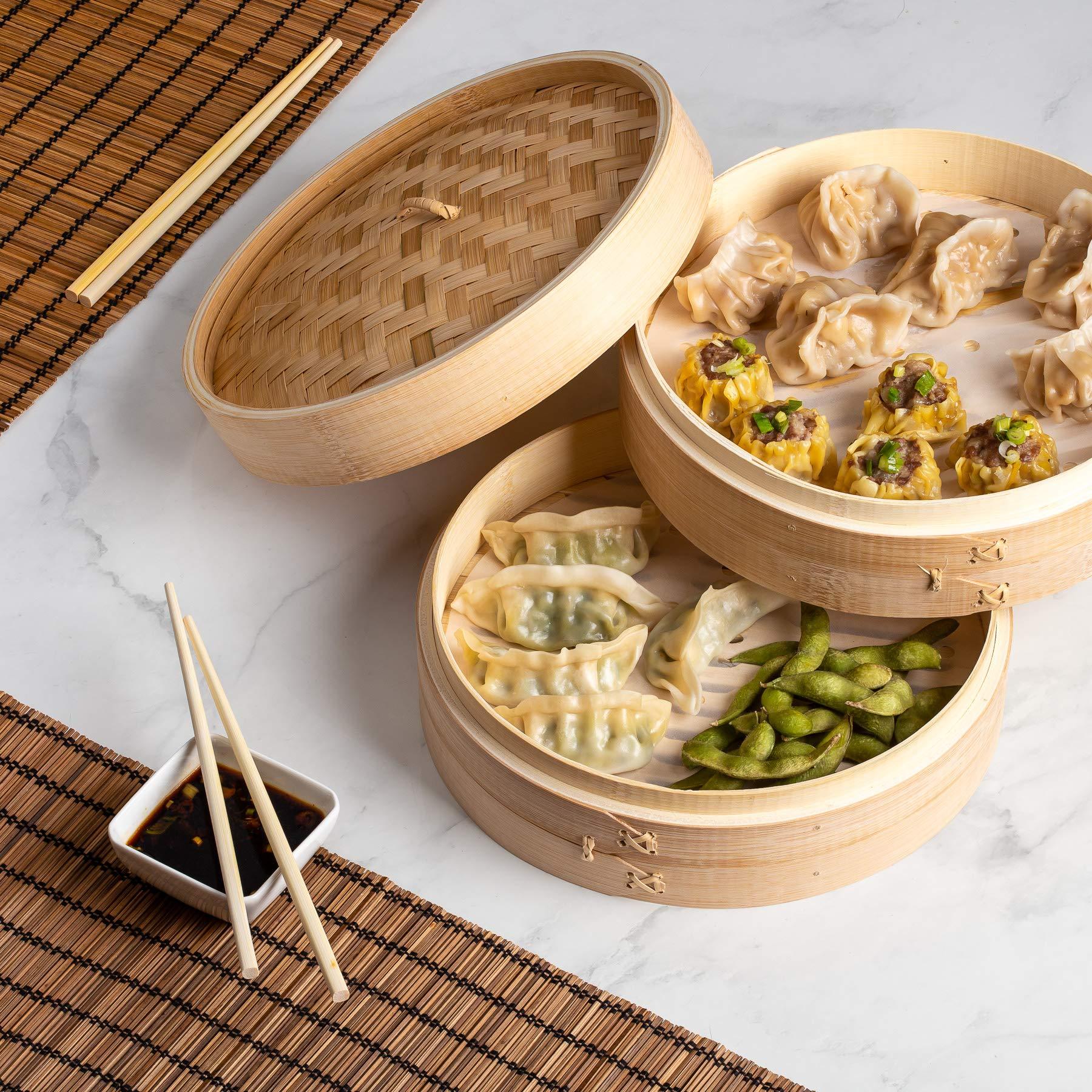 Prime Home Direct Bamboo Steamer Basket 10-inch | 2-Tier Steamer for Cooking | 50 Liners, Chopsticks & Sauce Dish | Dumpling Steamer, Food Steamer Baskets for Cooking - Rice & Vegetable Steamer Pot - CookCave