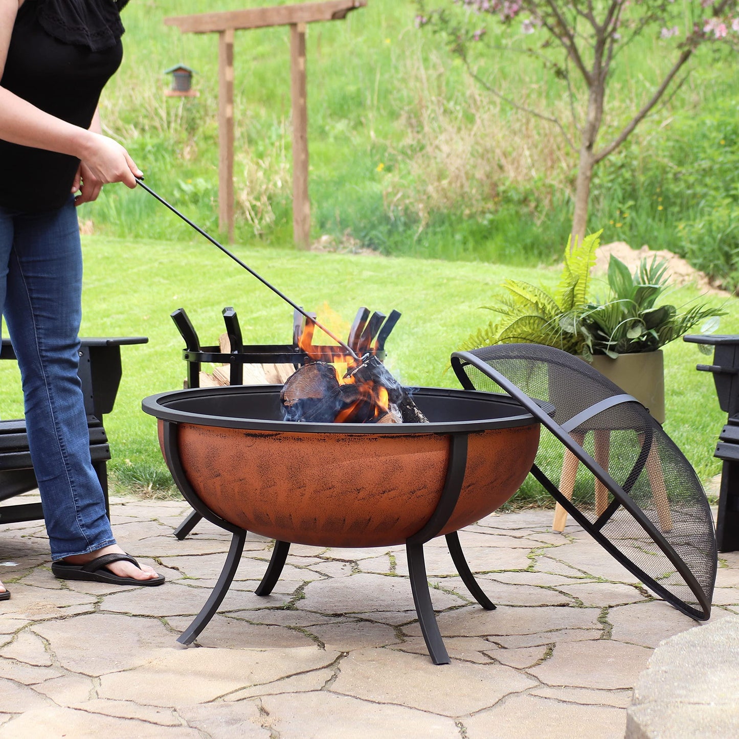 Sunnydaze 32-Inch Steel Fire Pit Bowl - Includes Spark Screen, Wood Grate, and Poker - High-Temperature Copper Finish - CookCave