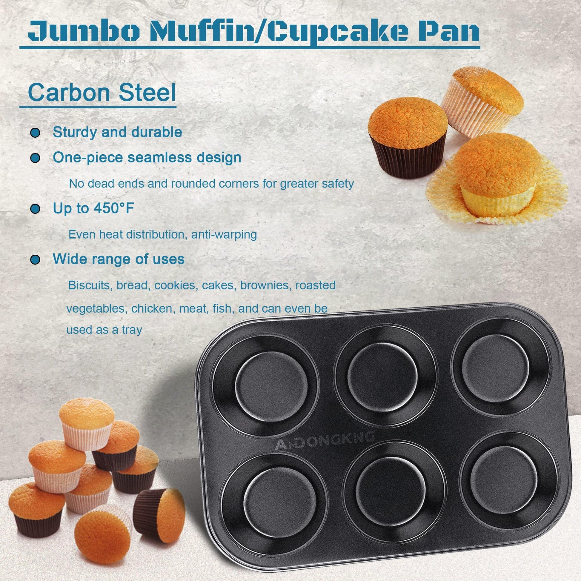 AmDONGKING Muffin Pan, Cupcake Pans, 6 Cup Premium Non-Stick Carbon Steel Kitchen Baking Quiche Pan, 10.4 X 7.1 Inches - CookCave