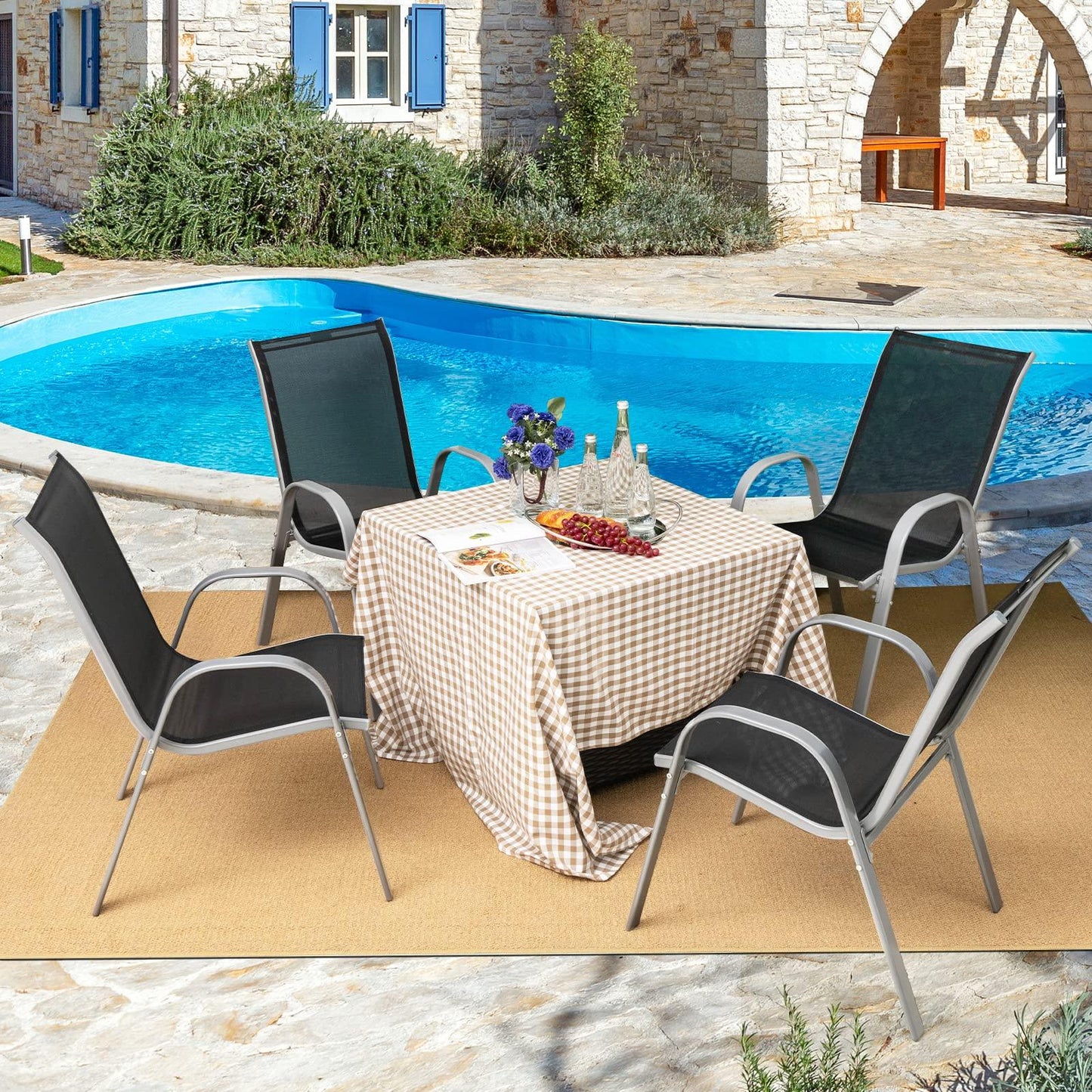 Tangkula 4 Pieces Patio Dining Chairs, Outdoor Stackable All Weather Heavy Duty Dining Chairs Set with Armrests, Support 330 LBS, for Poolside, Backyard, Garden, Deck, Front Porch (Black) - CookCave