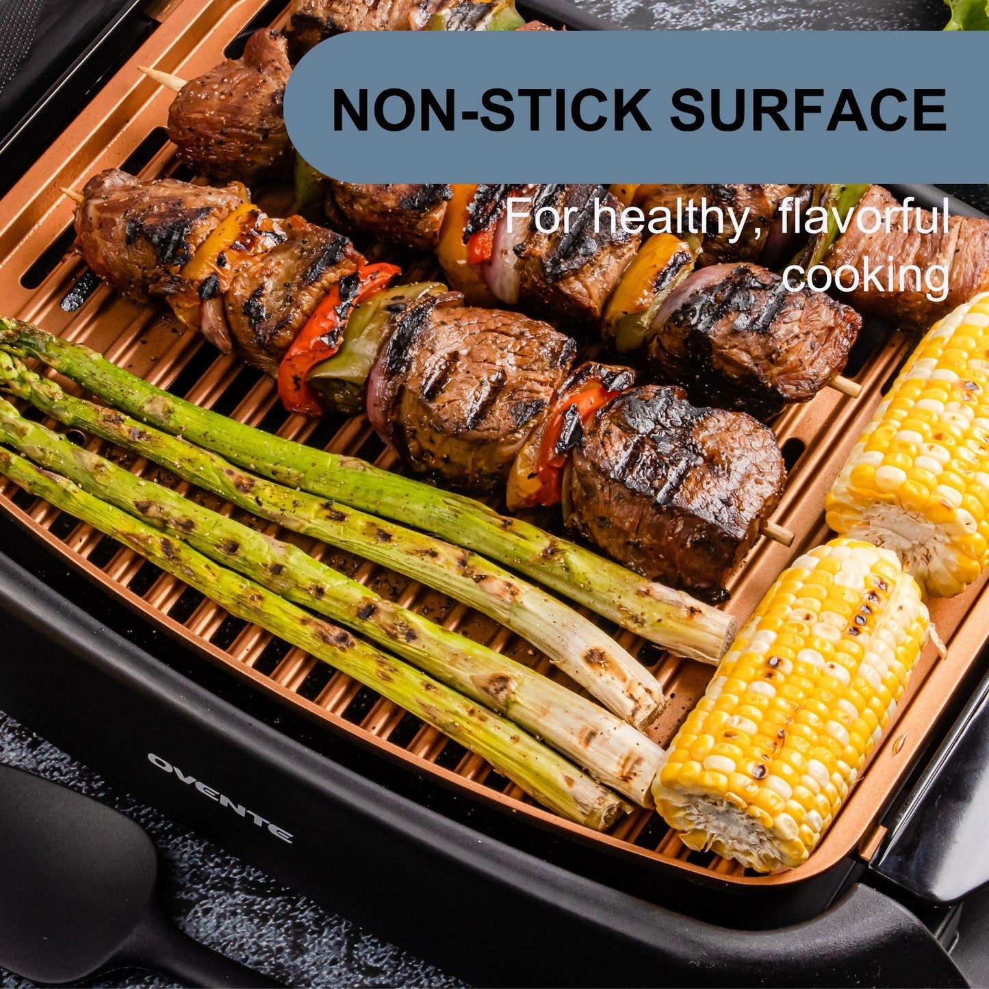 OVENTE Electric Indoor Grill with 13x10 Inch Non-Stick Cooking Surface, 1000W Fast Heat Up Power, Adjustable Temperature, Removable and Dishwasher Safe Grilling Plate and Drip Tray, Copper GD1632NLCO - CookCave
