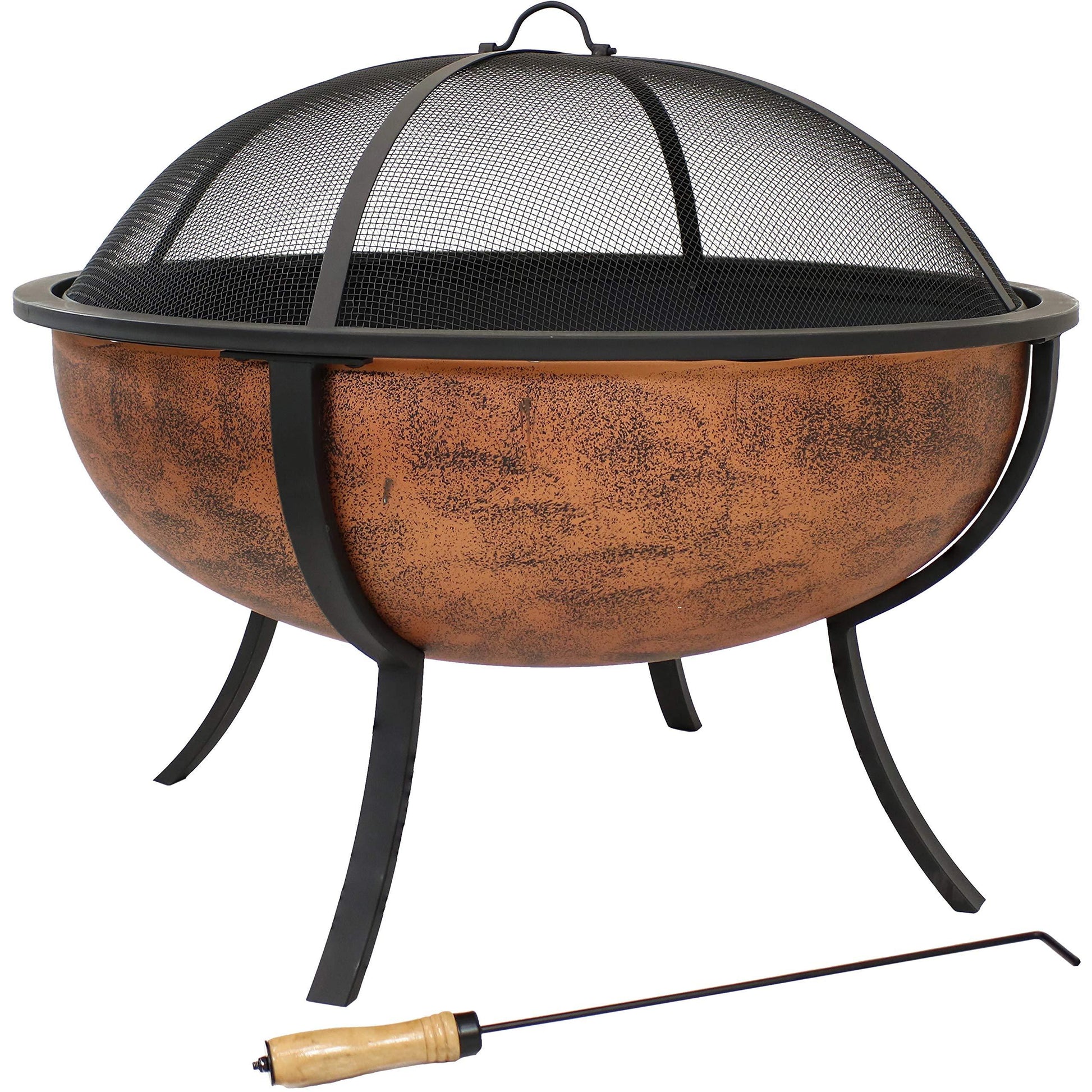 Sunnydaze 32-Inch Steel Fire Pit Bowl - Includes Spark Screen, Wood Grate, and Poker - High-Temperature Copper Finish - CookCave