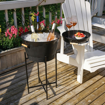 Twine Black Beverage Tub with Stand, Galvanized Metal Bucket and Tray, Acacia Wood Handles, Set of 3 - CookCave