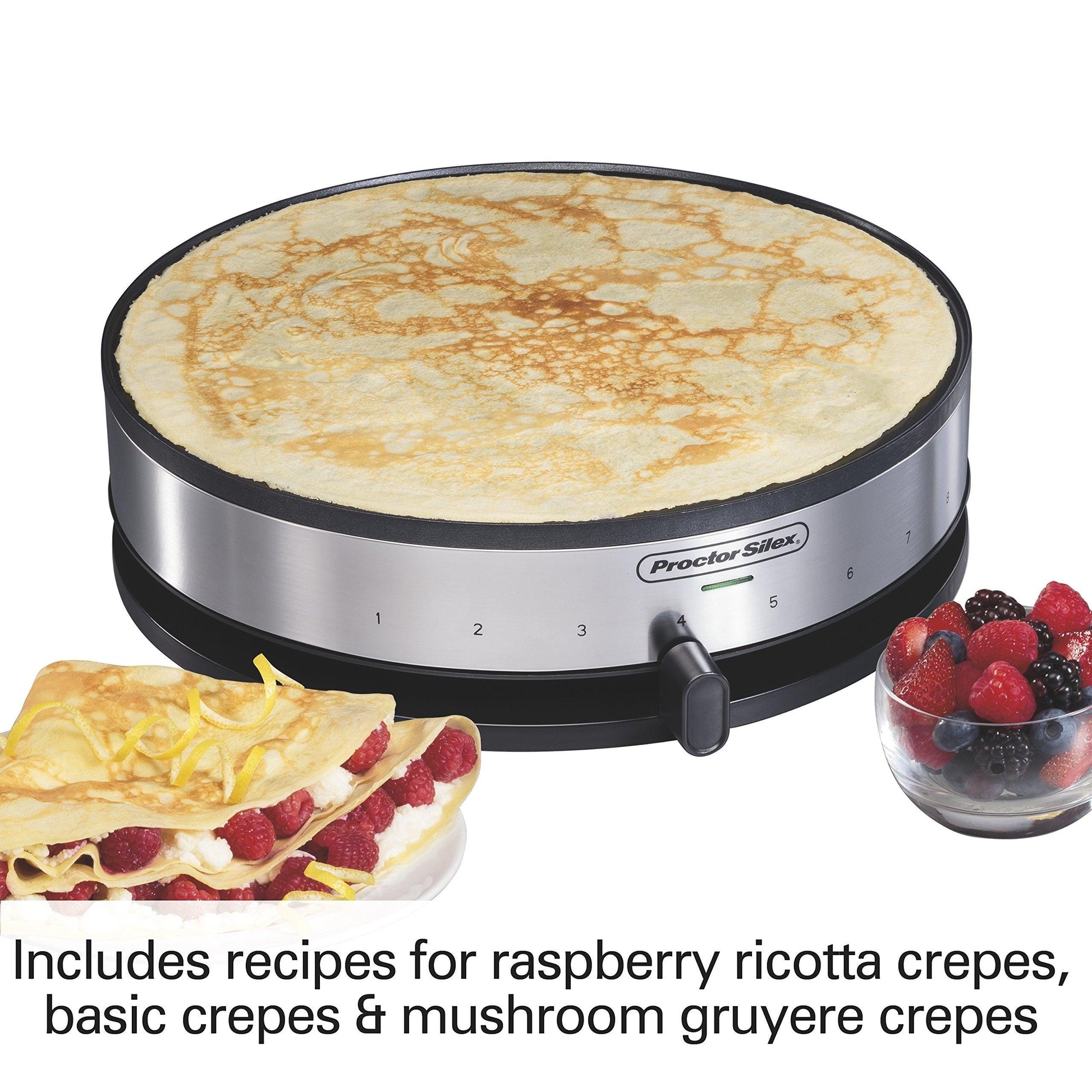 Proctor Silex Electric Crepe Maker with 13” Nonstick Griddle for Eggs, Pancakes, Omelets and Quesadillas, with Temperature Control, Spatula, Spreader, Batter Cup, Stainless Steel (38400PS) - CookCave