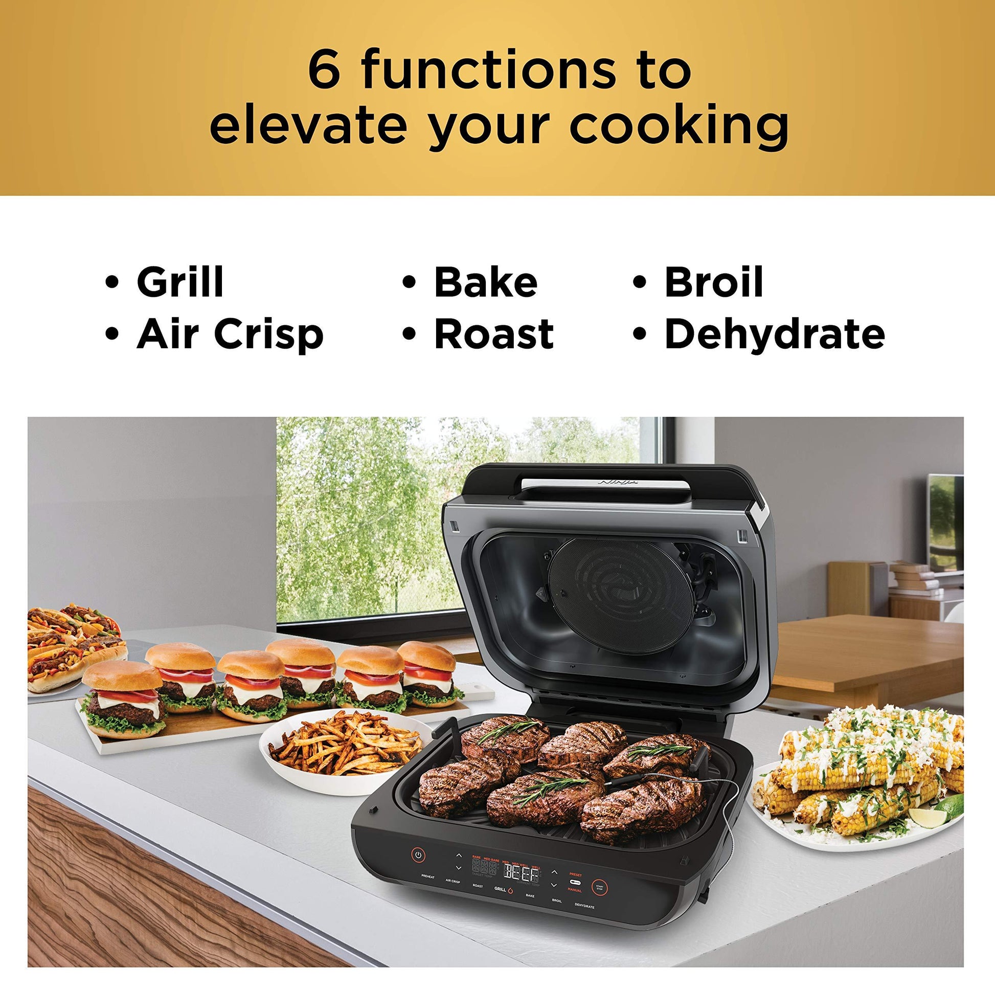 Ninja FG551 Foodi Smart XL 6-in-1 Indoor Grill with Air Fry, Roast, Bake, Broil & Dehydrate, Smart Thermometer, Black/Silver - CookCave