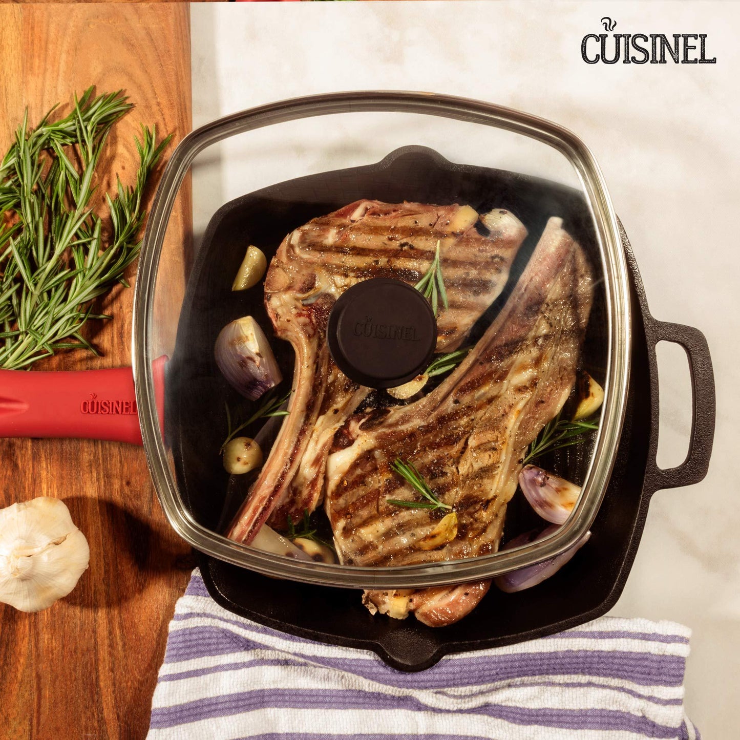 Cuisinel Cast Iron Square Grill Pan + Glass Lid - 10.5" Pre-Seasoned Ridged Skillet + Handle Cover + Pan Scraper - Grill, Stovetop, Fire Safe - Indoor and Outdoor Use - for Grilling, Frying, Sauteing - CookCave