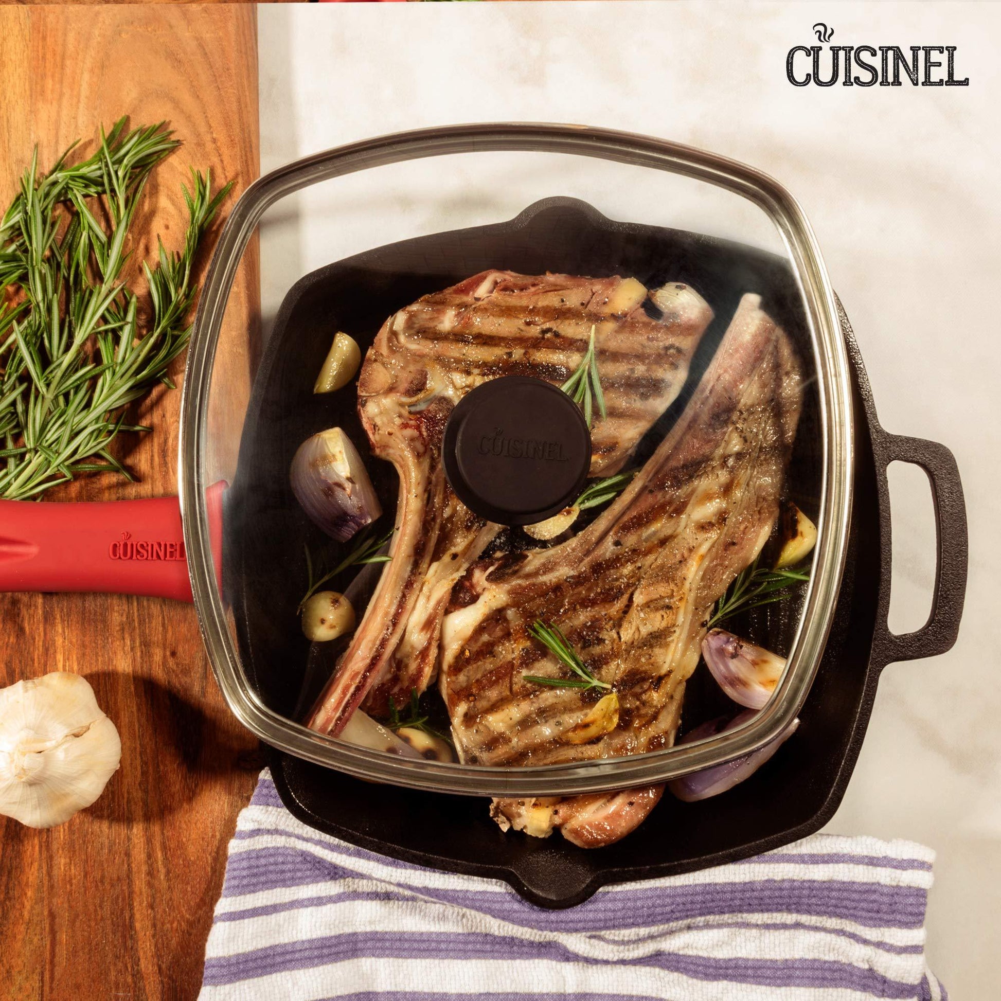 Cuisinel Cast Iron Square Grill Pan + Glass Lid - 10.5" Pre-Seasoned Ridged Skillet + Handle Cover + Pan Scraper - Grill, Stovetop, Fire Safe - Indoor and Outdoor Use - for Grilling, Frying, Sauteing - CookCave