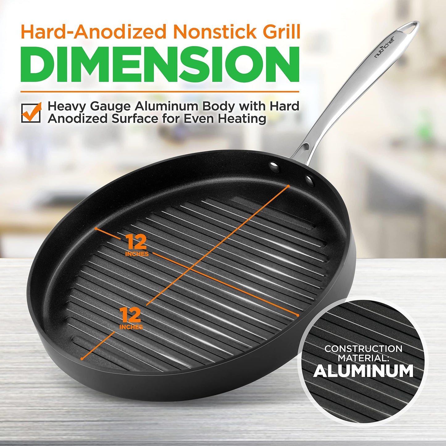 NutriChef Anodized Non-Stick Grill - Dishwasher Safe Nonstick Grill Pan Heavy Gauge Aluminum Body with Hard Anodized Surface for Even Heating, Max Temperature: 500° Fahrenheit (260° Celsius) - CookCave