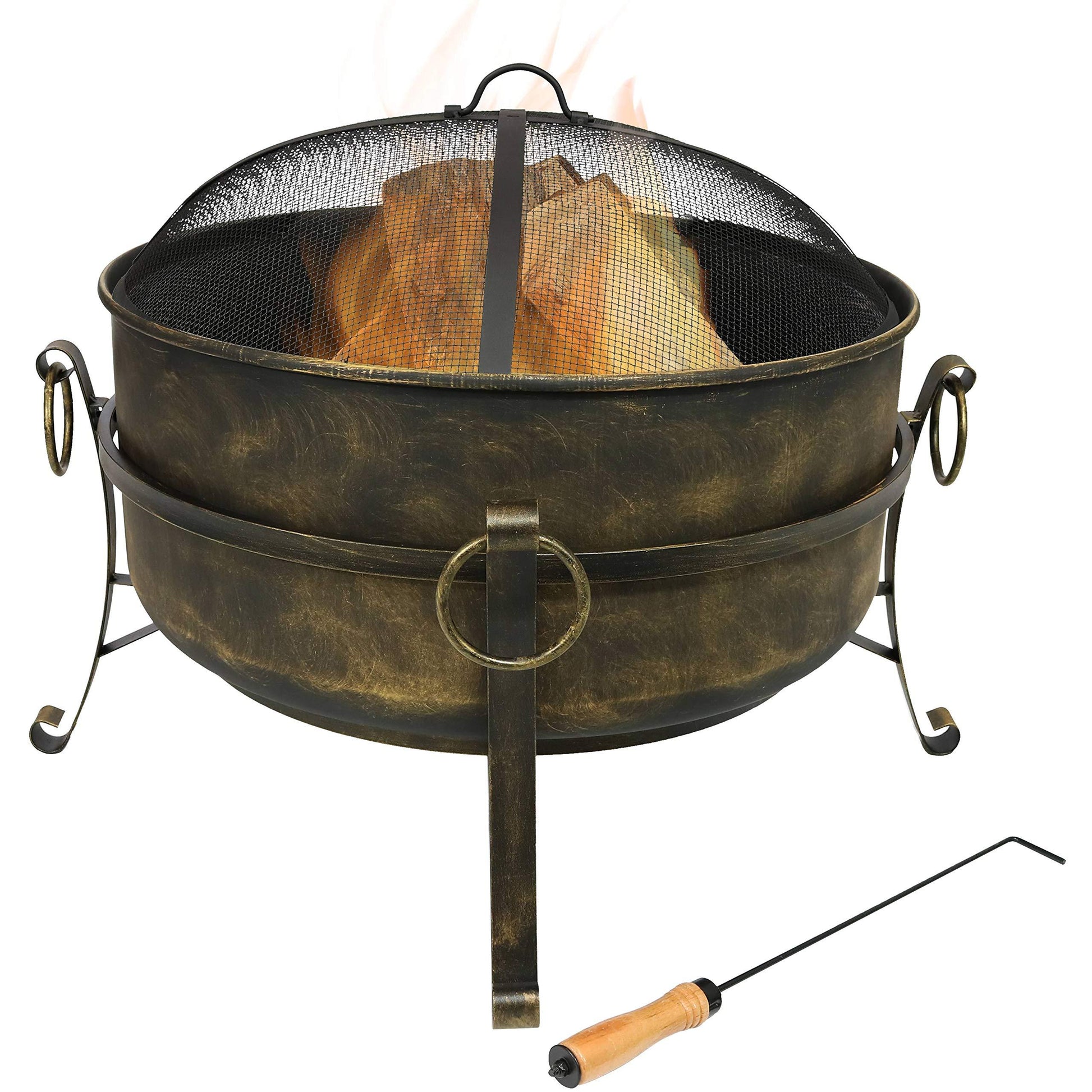 Sunnydaze 24-Inch Cauldron Style Outdoor Fire Pit Bowl with Spark Screen, Log Poker, and Wood Grate - Dark Bronze Finish - CookCave