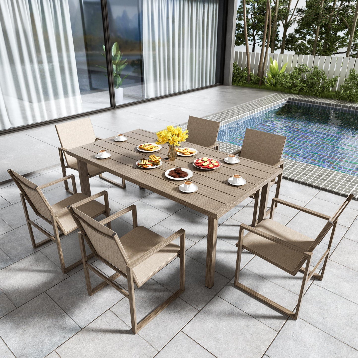 NATURAL EXPRESSIONS 7 Pieces Patio Dining Set Outdoor Furniture,70’’ Dining Table and 6 Sling Chairs with 1.65'' Umbrella Hole for Backyard Garden Poolside Porch - CookCave