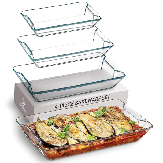 4-Piece Rectangular Glass Casserole Dish Set - Modern Design, Grip Handles, Nesting Storage - CookCave