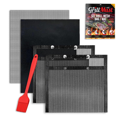 GrillMust Large Grilling Bags Premium Set-2 x Mesh Grill Bags for Outdoor Grill 12x9.5″- 1 x Grill Mats - 1 x Mesh Grill Mat 16x13″ - 1 x Silicone Brush. Smoking Meat Accessories-Ideal Gifts For Men. - CookCave