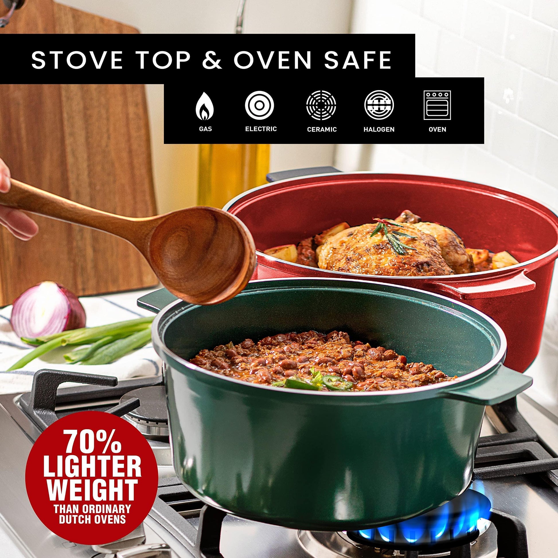 Granitestone Lightweight 6.5 Qt Dutch Oven Pot with Lid, Nonstick Dutch Oven Set, 10 in 1 Enamel Stock Pot/Cooking Pot & Dutch Oven for Sourdough Bread Baking, Dutch Ovens, Oven/Dishwasher Safe - Red - CookCave