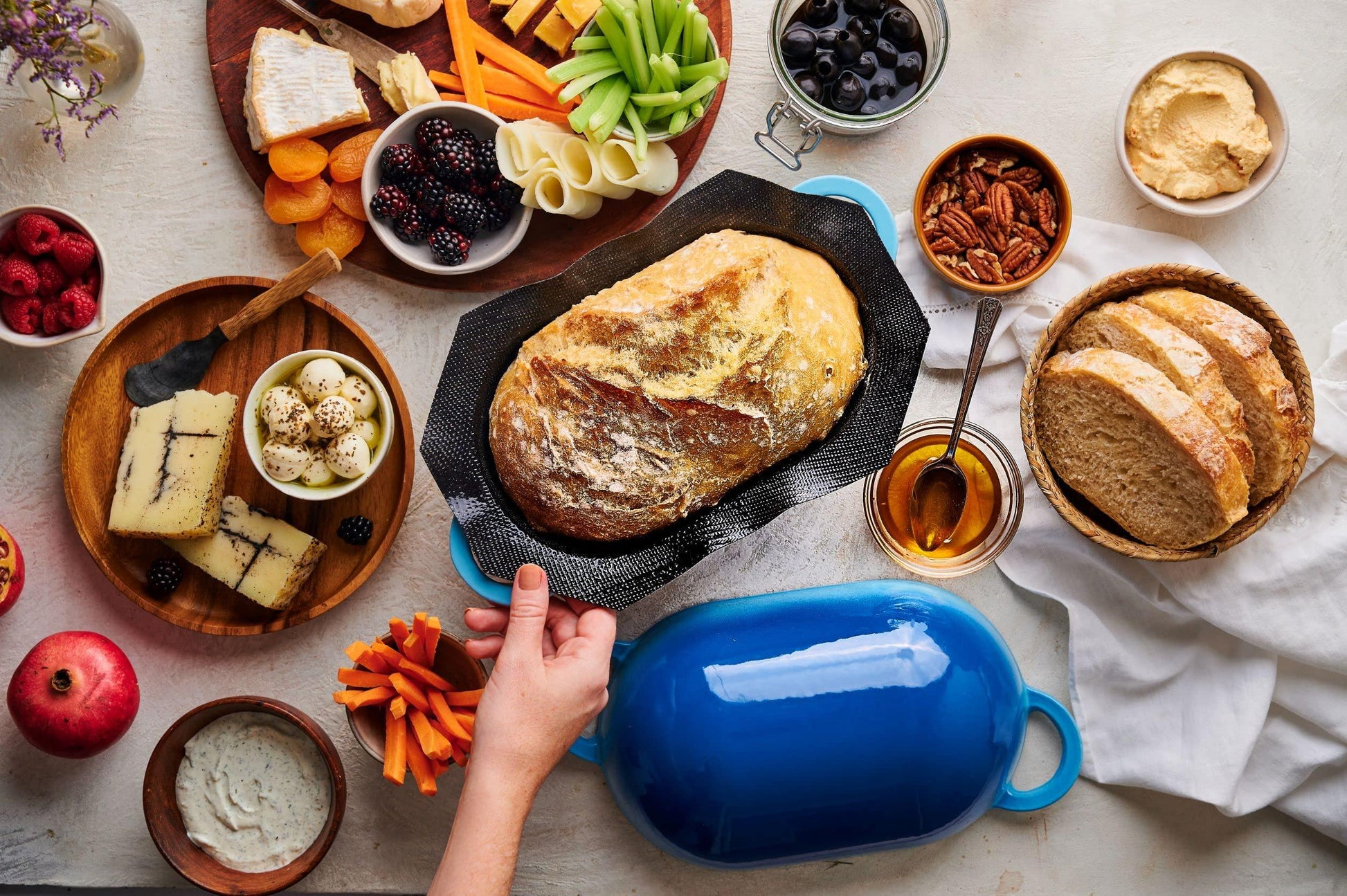 LoafNest: Incredibly Easy Artisan Bread Kit. Cast Iron Dutch Oven [Blue Gradient] and Perforated Non-Stick Silicone Liner. - CookCave