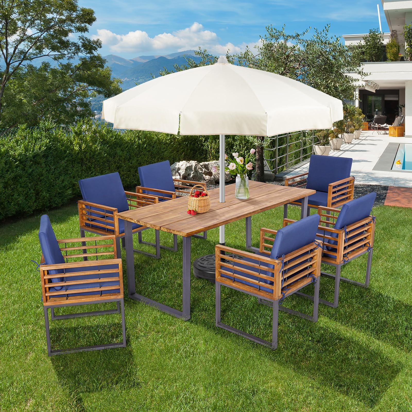 Tangkula 7 Piece Patio Dining Set, Acacia Wood Dining Chair & Table Set, 69” Spacious Tabletop with Umbrella Hole, Heavy-Duty Metal Support, Dining Set for Backyard, Poolside (Navy) - CookCave