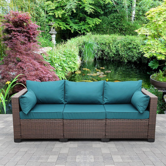 Valita 3-Seat Patio PE Wicker Couch Furniture Outdoor Brown Rattan Sofa with Washable Peacock Blue Cushions - CookCave