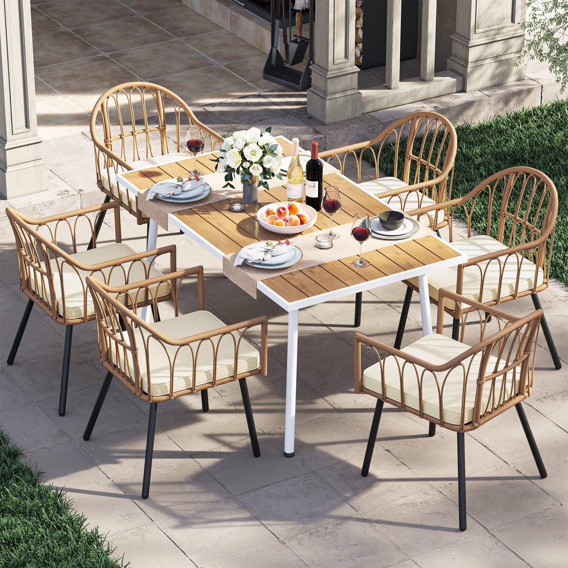 YITAHOME 7 Pieces Outdoor Patio Dining Set, Rattan Wicker Patio Dining Chair & Table Set for 6 People, Sectional Conversation Set with Umbrella Hole for Patios, Backyard, Balcony, Garden, Lawn - CookCave