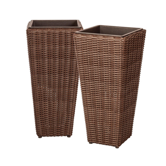 Patio Sense 62501 Alto Wicker All-Weather Planter Set with Liners Tall Plant Decor Box for Outdoors Patio Herb Garden Furnishings - Mocha - Pack of 2 - CookCave