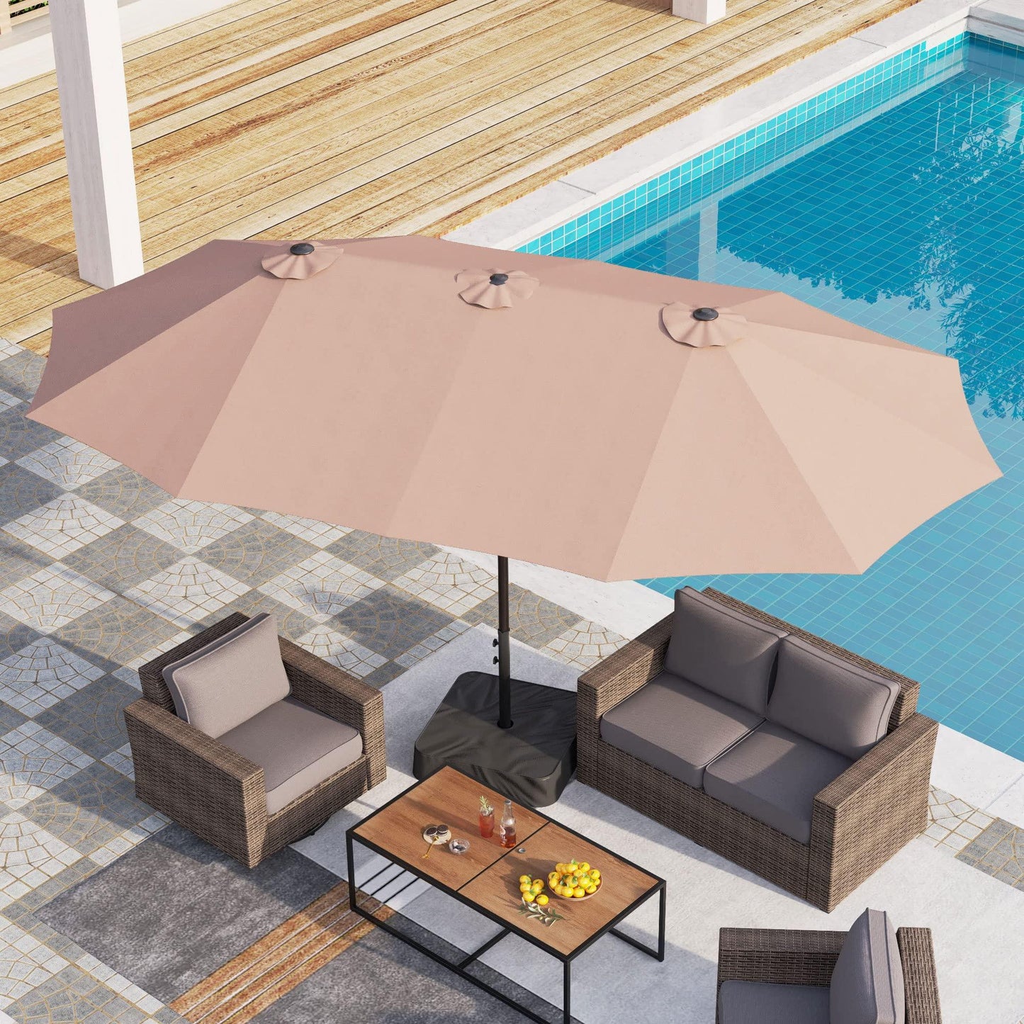 PHI VILLA 15ft Large Patio Umbrellas with Base Included, Outdoor Double-Sided Rectangle Market Umbrella with Crank Handle, for Poolside Lawn Garden, Beige - CookCave