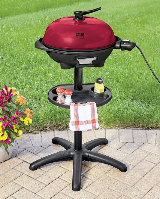 Montgomery Ward Chef Tested Electric Grill- Indoor/Outdoor Use, Removable Cast Aluminum Griddle, Temperature Control, Drip Tray, Warming Drawer, 1350 Watts, (Red, 25"W x 40.25"H x 25"D) - CookCave