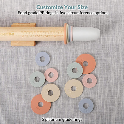 Geesta Adjustable Wood Rolling Pin with 5 Thickness Rings, Precise Dough Roller Handle Press Design with Measurement Guide for Fondant, Pizza, Pie Crust, Cookie, Pastry Baking Decorating Accessories - CookCave