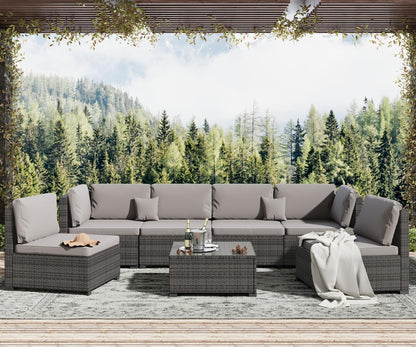 LHBcraft 7 Piece Patio Furniture Set, Outdoor Furniture Patio Sectional Sofa, All Weather PE Rattan Outdoor Sectional with Cushion and Coffee Table. - CookCave