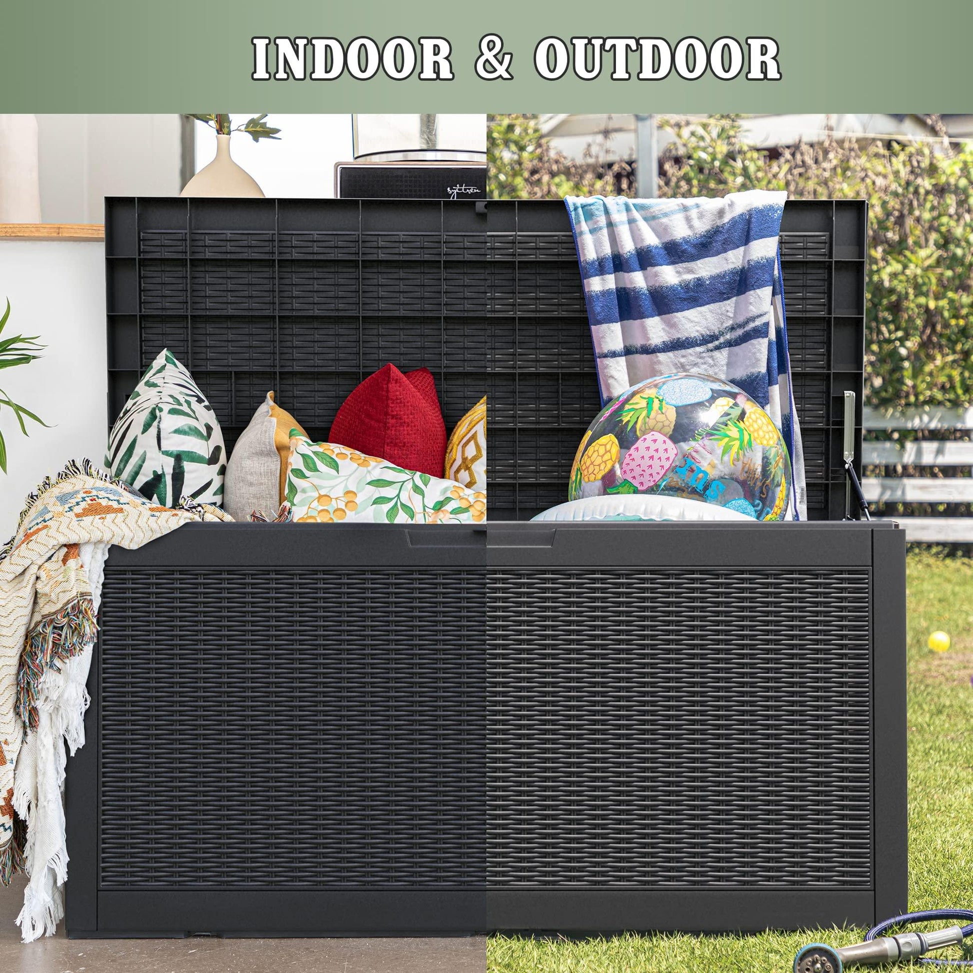 Devoko 100 Gallon Waterproof Large Resin Deck Box Indoor Outdoor Lockable Storage Container for Patio Furniture Cushions, Toys and Garden Tools (100 Gallon, Black) - CookCave