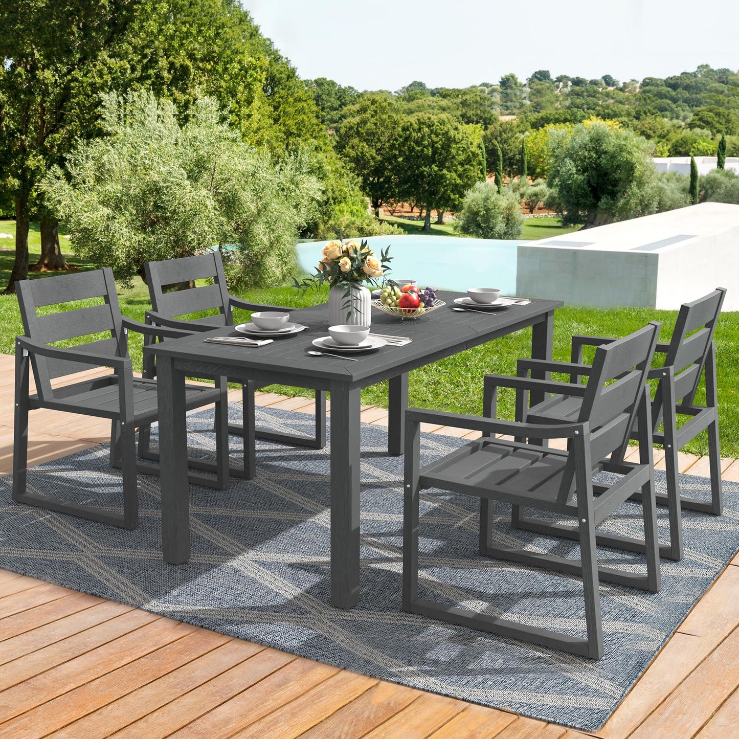 Cozyman HDPS Outdoor Patio Dining Set, 7-Piece, All Weather Outdoor Table and Chairs, Resin Outdoor Kitchen Furniture Dining Sets for Outdoor Indoor, Patio, Lawn, Garden, and Backyard, Dark Gray - CookCave