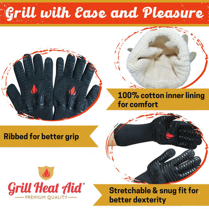 GRILL HEAT AID BBQ Gloves Heat Resistant 1,472℉ Extreme. Dexterity in Kitchen to Handle Cooking Hot Food in Oven, Cast Iron, Pizza, Baking, Barbecue, Smoker & Camping. Fireproof Use for Men & Women - CookCave