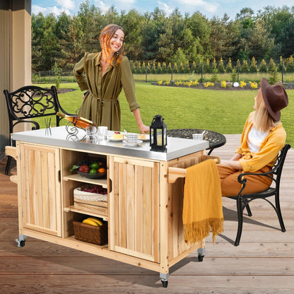 YITAHOME XL Solid Wood Outdoor Table and Storage Cabinet, 59.64’’L x 23.62’’W Movable Grill Table with Stainless Steel Top, Side Handle, Spice Rack for Outside, Patio Bar, Outdoor Kitchen Island - CookCave