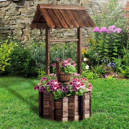 Aoxun Wooden Wishing Well Planter with Hanging Bucket for Flower and Plants Indoor and Outdoor, Rustic Flower Planter Patio Garden Ornamental, Home Decor, Brown - CookCave