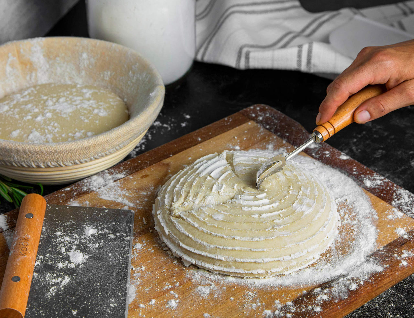 Proofing Set, by Kook, Sourdough Bread, 2 Rattan 9 Inch Banneton Baskets, 2 Basket Covers, Metal Scraper, Plastic Scraper, Scoring Lame, 5 Blades and Case, Baking Kit, Dough Bowls, Round Shape - CookCave