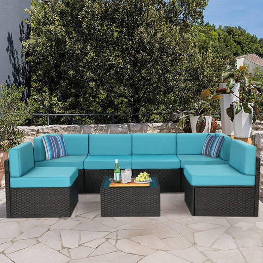 U-MAX 7 Pieces Outdoor Patio Furniture Set, All Weather Black PE Rattan Wicker Sofa Set, Sectional Furniture Conversation Set with Blue Cushion Covers and Coffee Table for Porch Garden Poolside… - CookCave