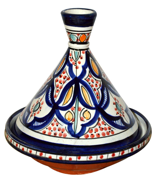 Moroccan Handmade Serving Tagine Ceramic With Vivid colors Original 8 inches Across White & Blue - CookCave