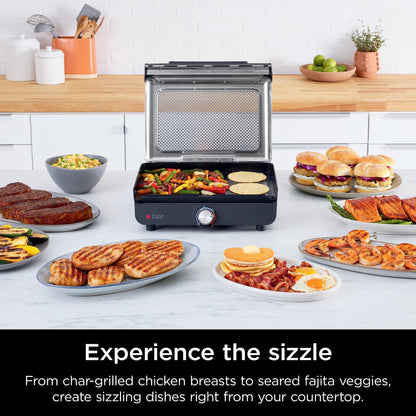 Ninja GR101 Sizzle Smokeless Indoor Grill & Griddle, 14'' Interchangeable Nonstick Plates, Dishwasher-Safe Removable Mesh Lid, 500F Max Heat, Even Edge-to-Edge Cooking, Grey/Silver - CookCave